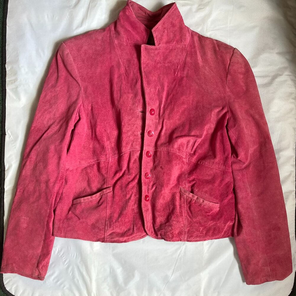 i.e. Womens Sz XL 100% Leather Muted Hot Pink Suede Button Front Blazer Jacket